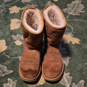 UGG Chestnut Suede Boots with Pink Stitching